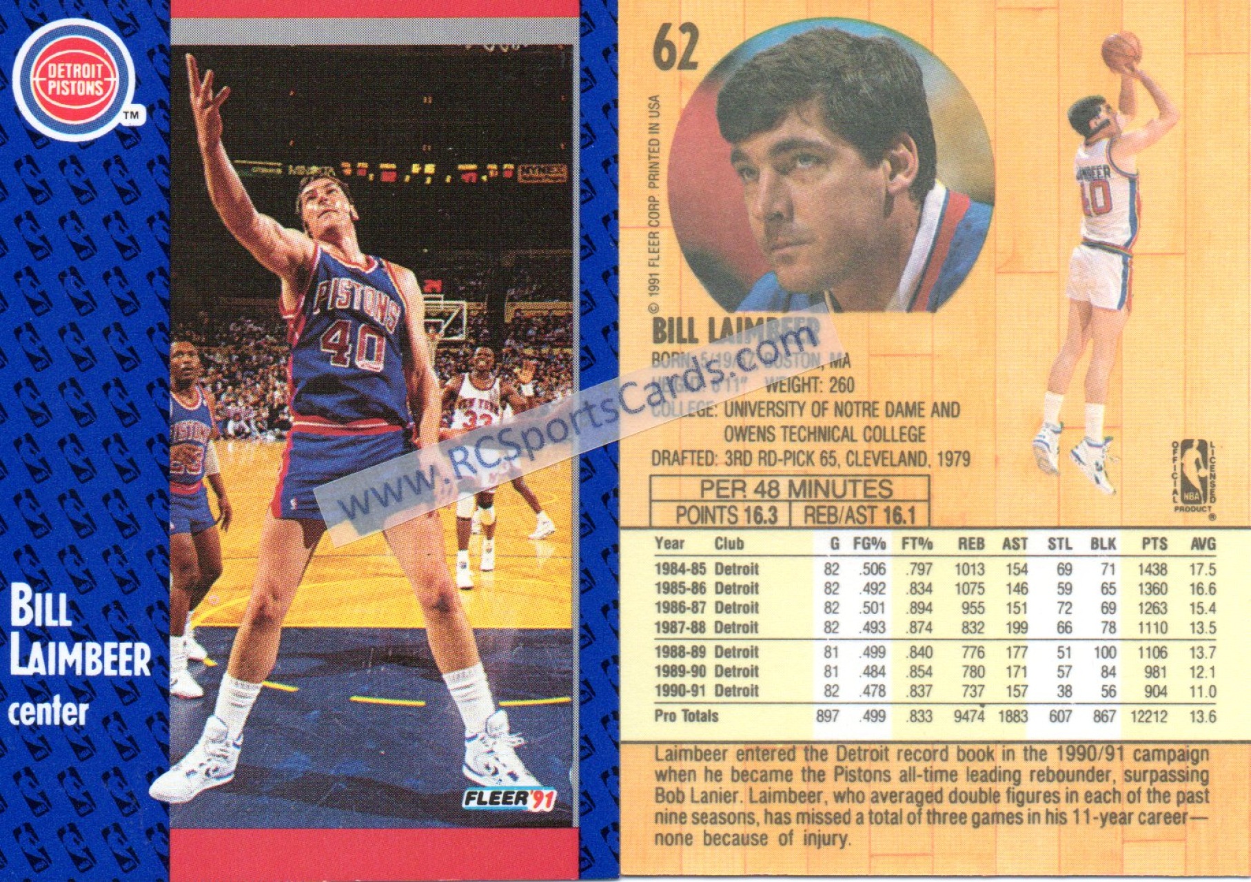 Lot Detail - 1990-91 Bill Laimbeer Detroit Pistons Game-Used Road