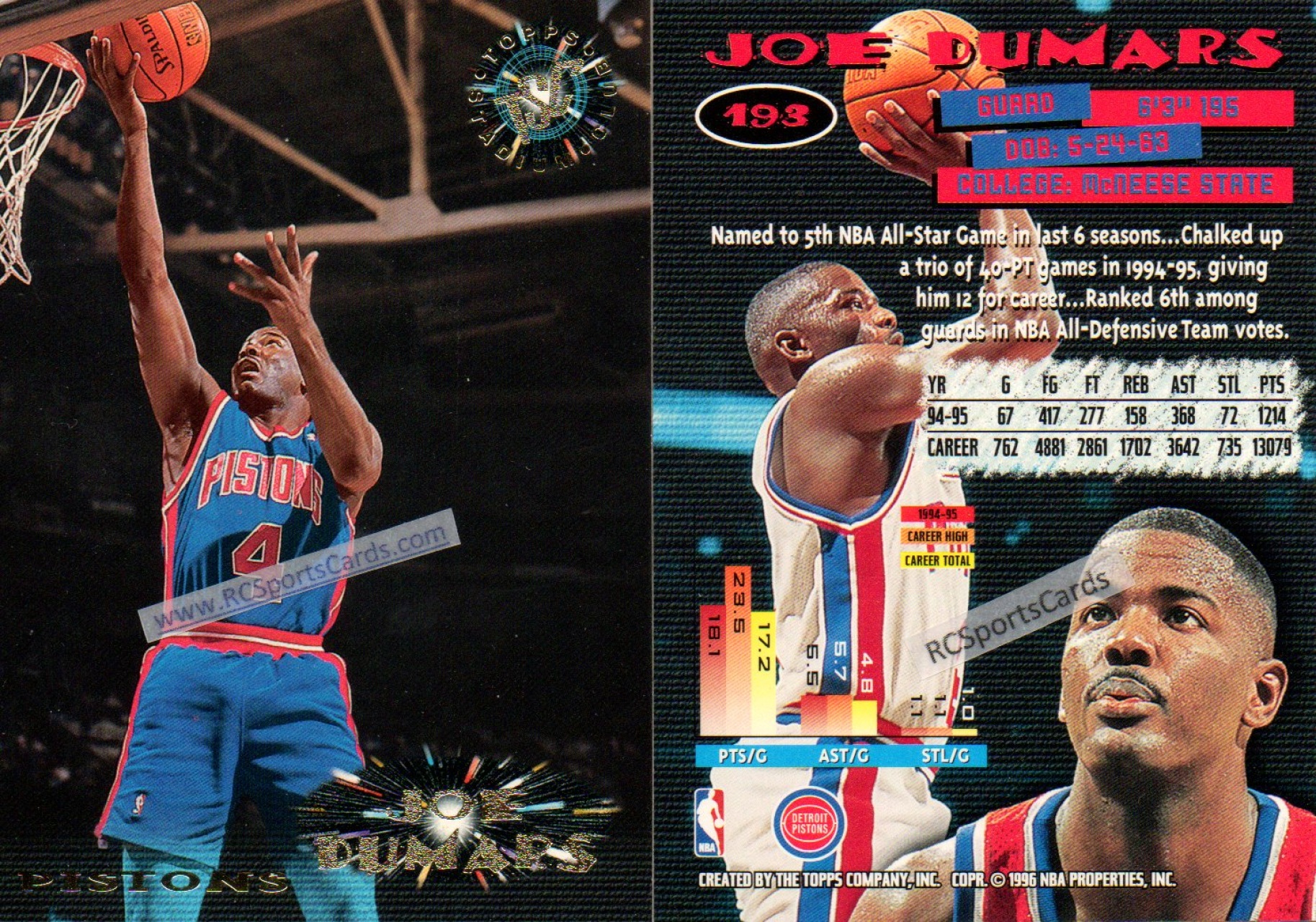  JOE DUMARS 1996-97 Topps Basketball Card #213 Detroit Pistons :  Collectibles & Fine Art