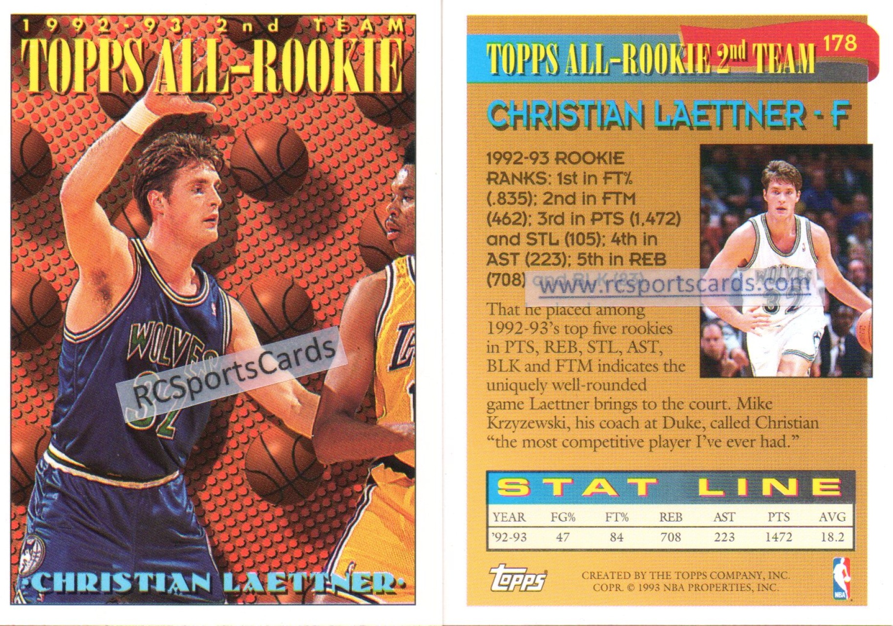 Christian Laettner Topps Gold Rookie Basketball Card