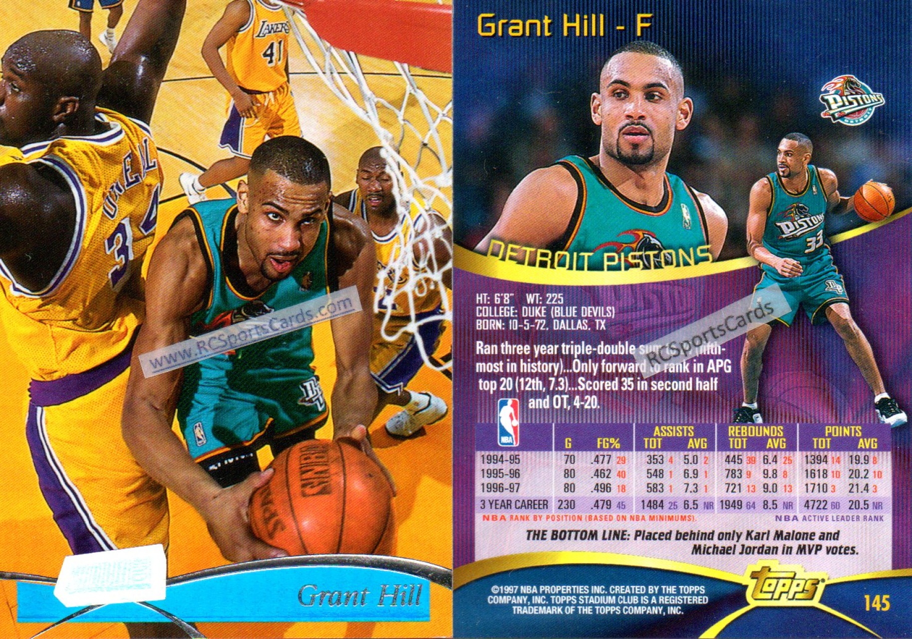 100% Authentic Grant Hill Champion 96 97 Pistons Pro Cut Game